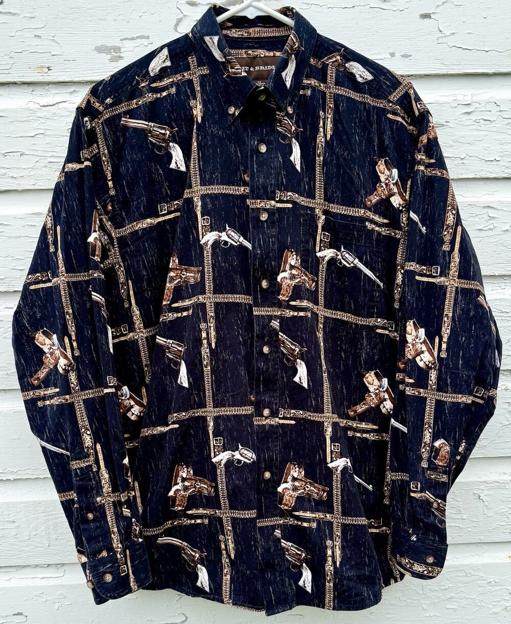 Bit & Bridle Shirt Mens M Black Tan Button Down Western Pistols AOP 100% Cotton